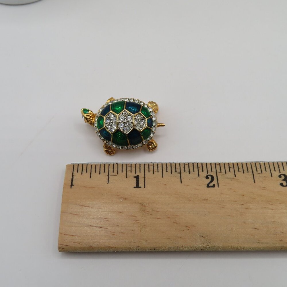 Vintage Green Blue Enamel Rhinestone Accent Gold Tone Turtle Brooch - Picture 4 of 4